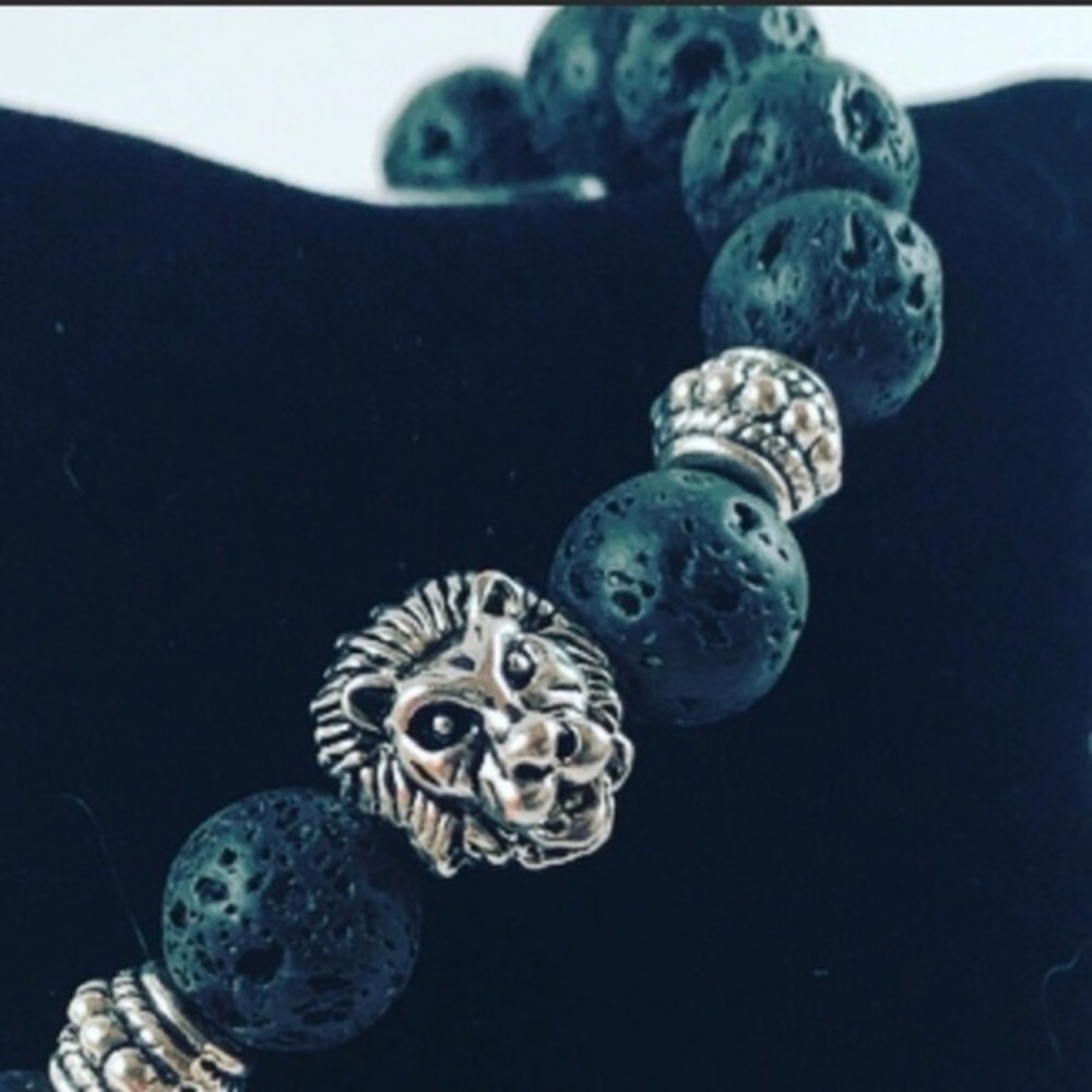 Men or women lava rock silver lion bead bracelet